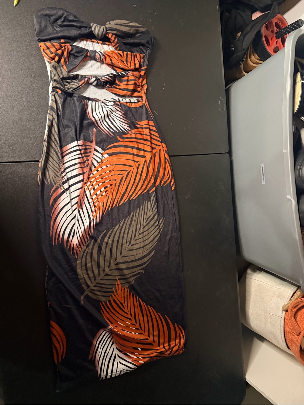 SHEIN Tropical Strapless Midi Dress in Black, Orange & Olive